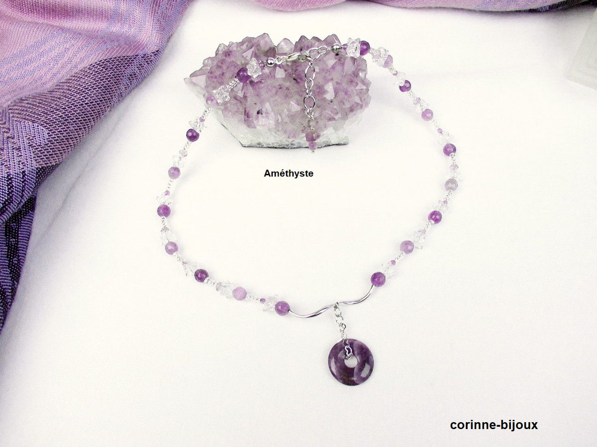 Collier Spirituel En Cuivre Avec Pendentif Améthyste Naturelle - 85 Cm Ajustable
