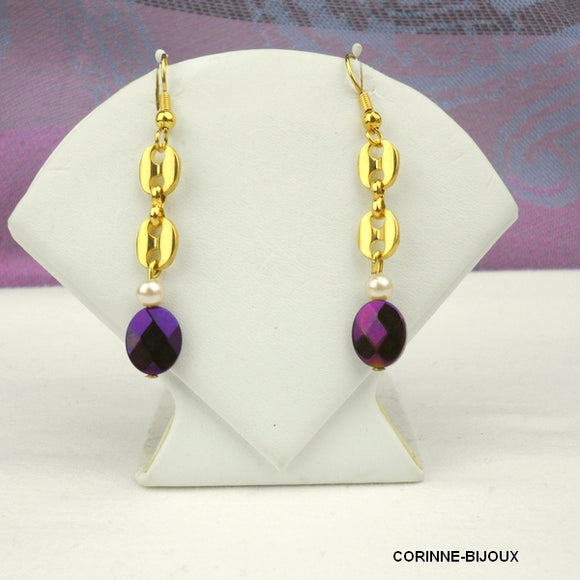 Boucles d'oreilles chaîne doré et perle violette