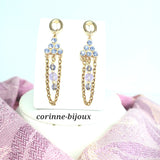 Boucles d'oreilles pendantes strass vieux rose et mauve en verre