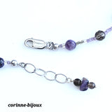 Collier en pierre de charoite et quartz fumé argent rhodié