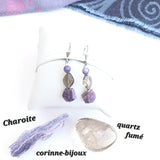 Boucles d'oreilles en pierre de charoite et quartz fumé argent rhodié