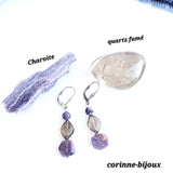 Boucles d'oreilles en pierre de charoite et quartz fumé argent rhodié