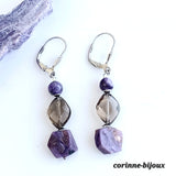 Boucles d'oreilles en pierre de charoite et quartz fumé argent rhodié