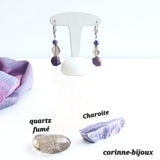 Boucles d'oreilles en pierre de charoite et quartz fumé argent rhodié
