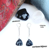 Boucles d'oreilles en obsidienne et cristal de roche argent rhodié
