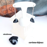 Boucles d'oreilles en obsidienne et cristal de roche argent rhodié