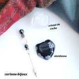 Broche épingle à chapeau obsidienne et cristal de roche
