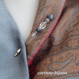 Broche épingle à chapeau obsidienne et cristal de roche