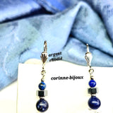 Boucles d'oreilles en lapis-lazuli et cristal de roche argent rhodié