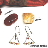 Boucles d’oreilles pendantes fait main en citrine et cornaline avec finition plaqué or en forme triangulaire fabriqué dans les Yvelines à Beynes – Corinne-Bijoux.