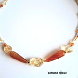 Collier en pierre naturelle jaune transparent                                                                  (citrine) et orange (cornaline) fintion plaqué or