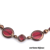 Collier artisanal en verre couleur rouge et bronze