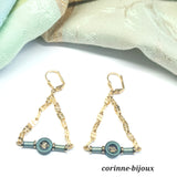 Boucles d'oreilles fines et légères. Vert métallisé en hématite. Forme originale. Modèle unique fait main par Corinne Lannel à Beynes.