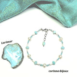 bracelet fin en pierre naturelle de larimar avec perles d'eau douce blanche