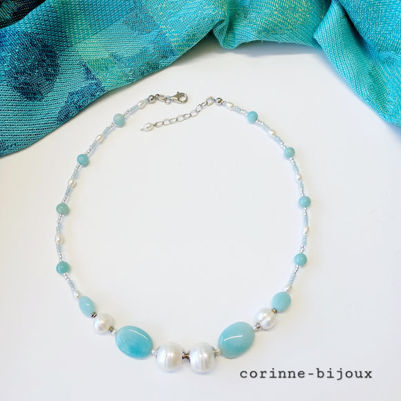 Collier amazonite bleue perles d'eau douce