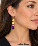 Boucles d'oreilles chaîne doré et perle violette