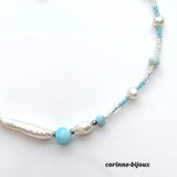 Collier Larimar et perles d'eau douce blanches