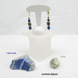 Corinne Lannel Bijoux boucles d oreilles plaqué or en pyrite et en lapis lazuli